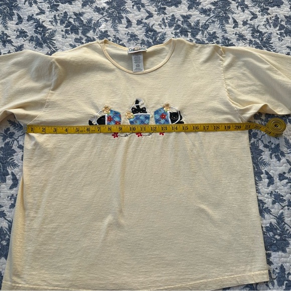 Day Breeze Shirt Vintage Butter Yellow Cat Design Embroidery Cotton Size L - Picture 8 of 9